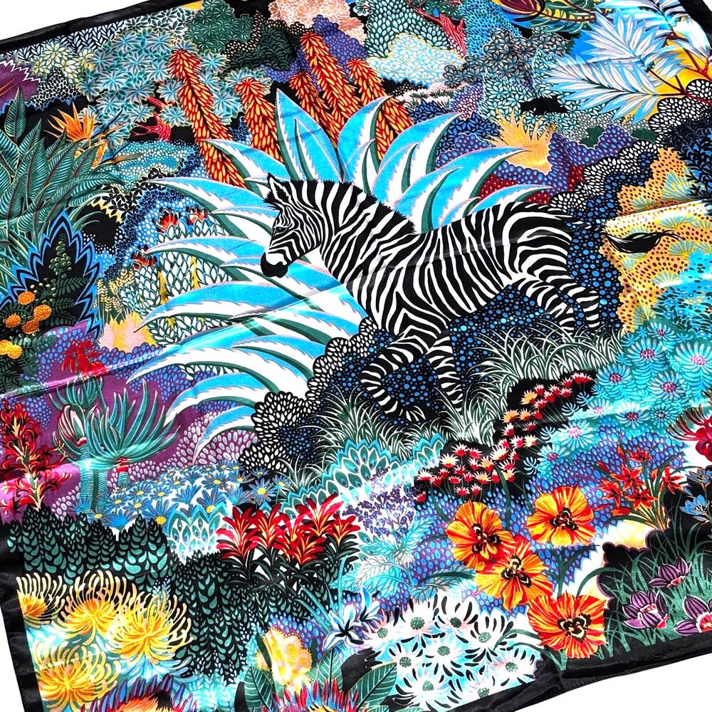 Square zebra scarf silky satin polyester jungle print multicolor black & white - Picture 9 of 10